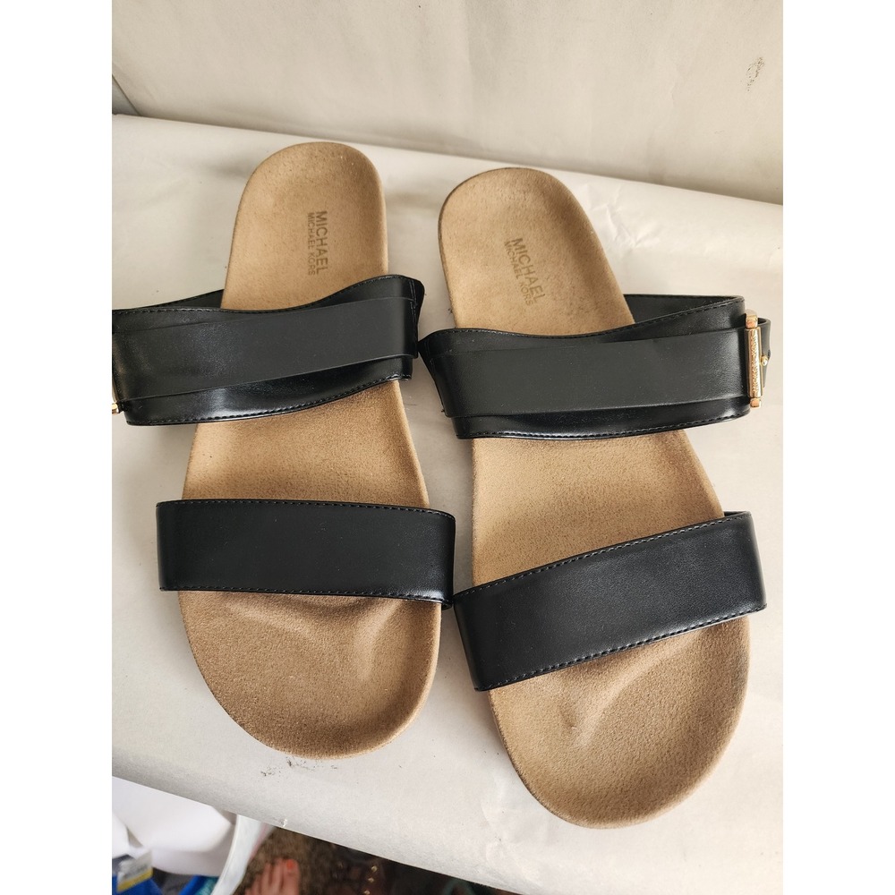 Michael Kors Sandals Size 9 Black Leather Double Strap Buckle Slide Sandals